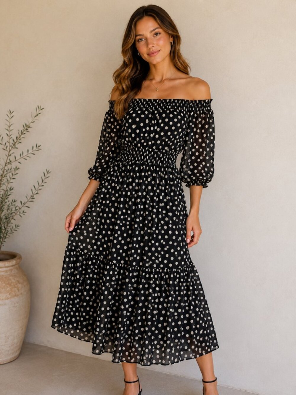 Just Taylor Dress Women 12 Black White Polka Dot maxi off shoulder smocked waist